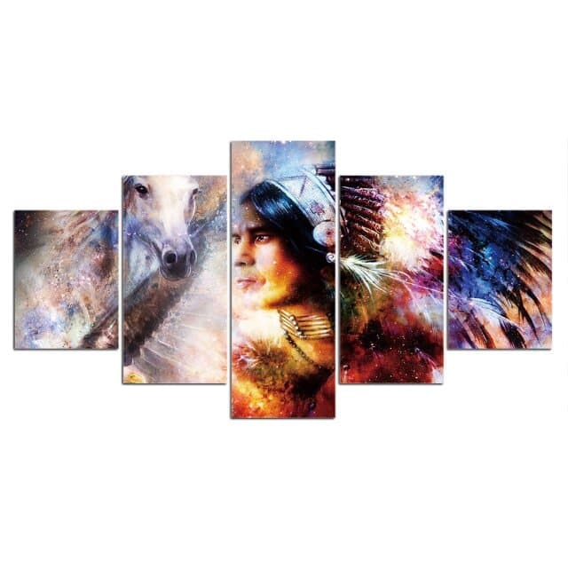 Tableau Indien Cheval de Tribu et son Chef