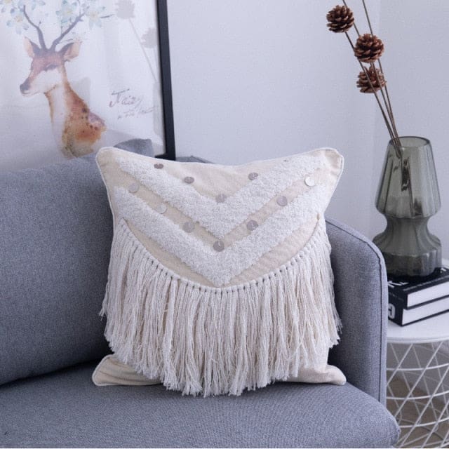 Coussin Indien Beige à Franges