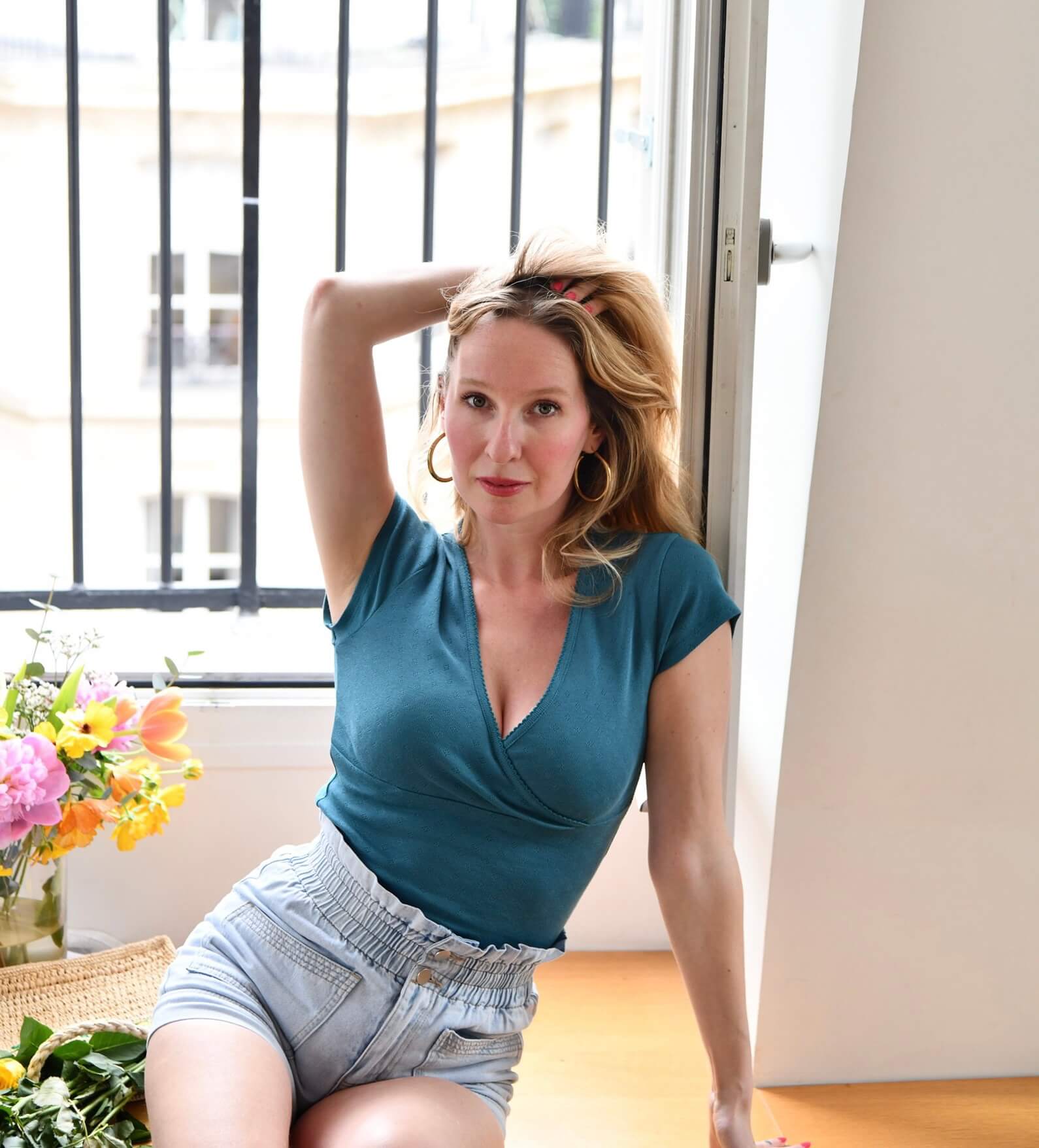 T-shirt coeur croisé en maille pointelle bleu canard