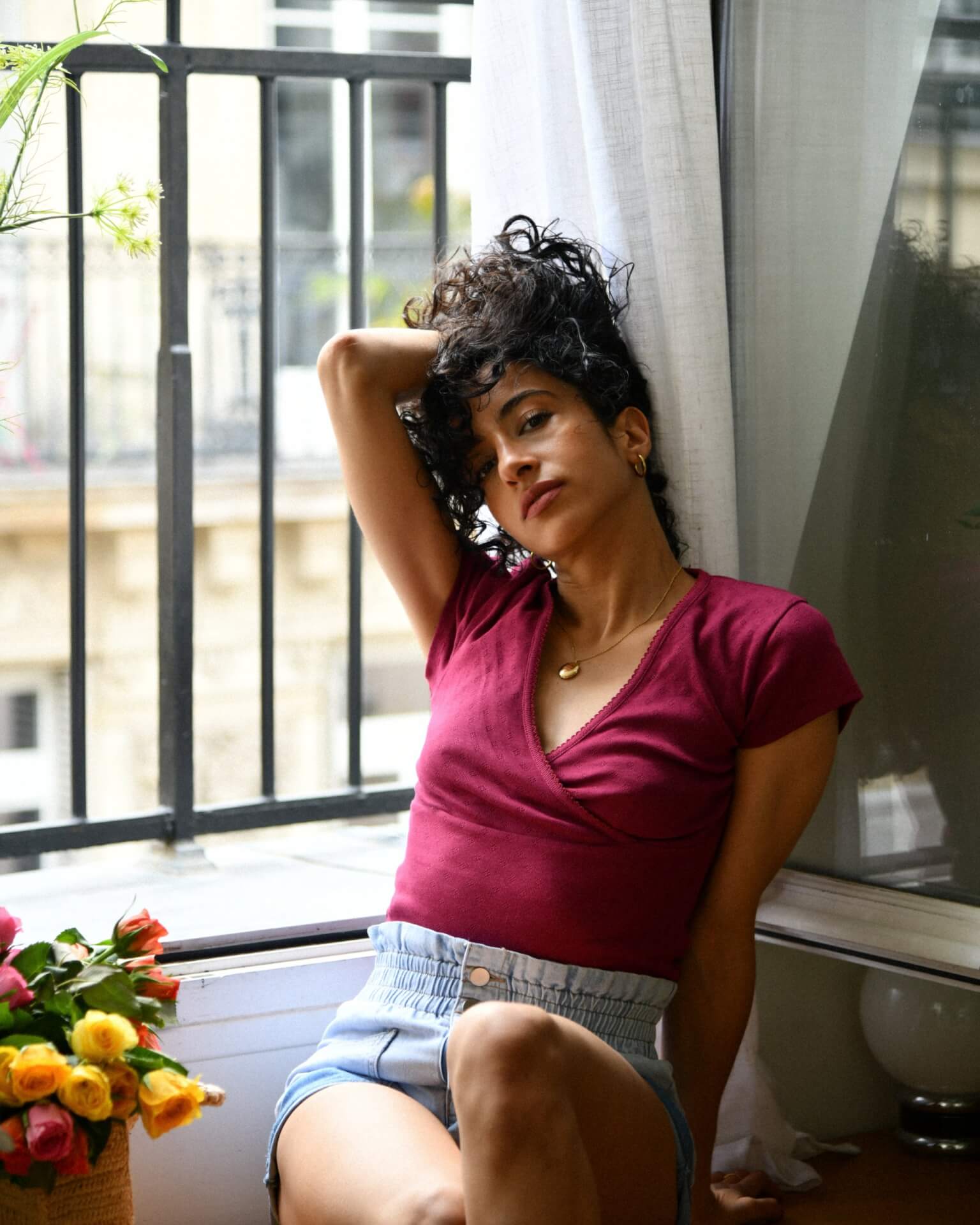 T-shirt coeur croisé en maille pointelle hibiscus