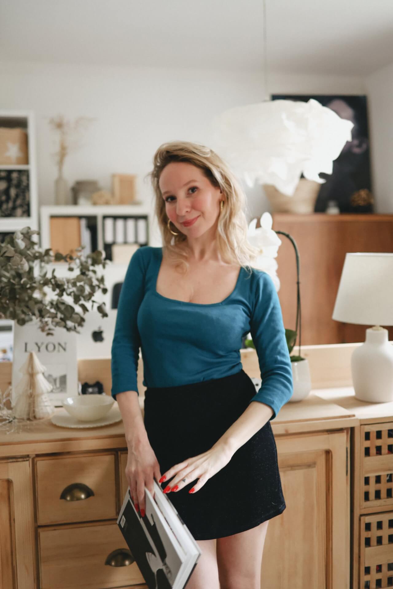 T-shirt col carré manches 3/4 en maille pointelle bleu canard – Image 7