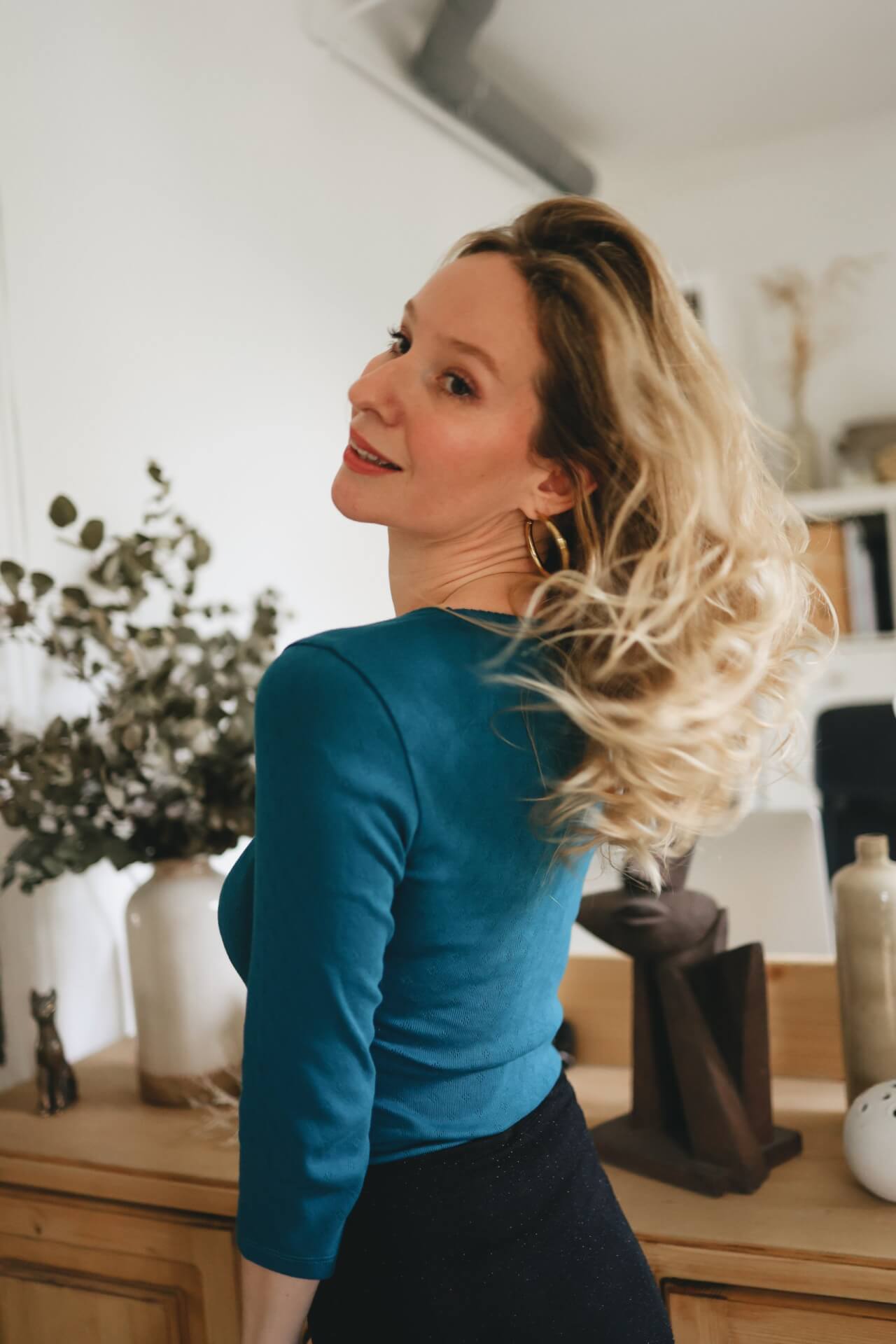 T-shirt col carré manches 3/4 en maille pointelle bleu canard – Image 5