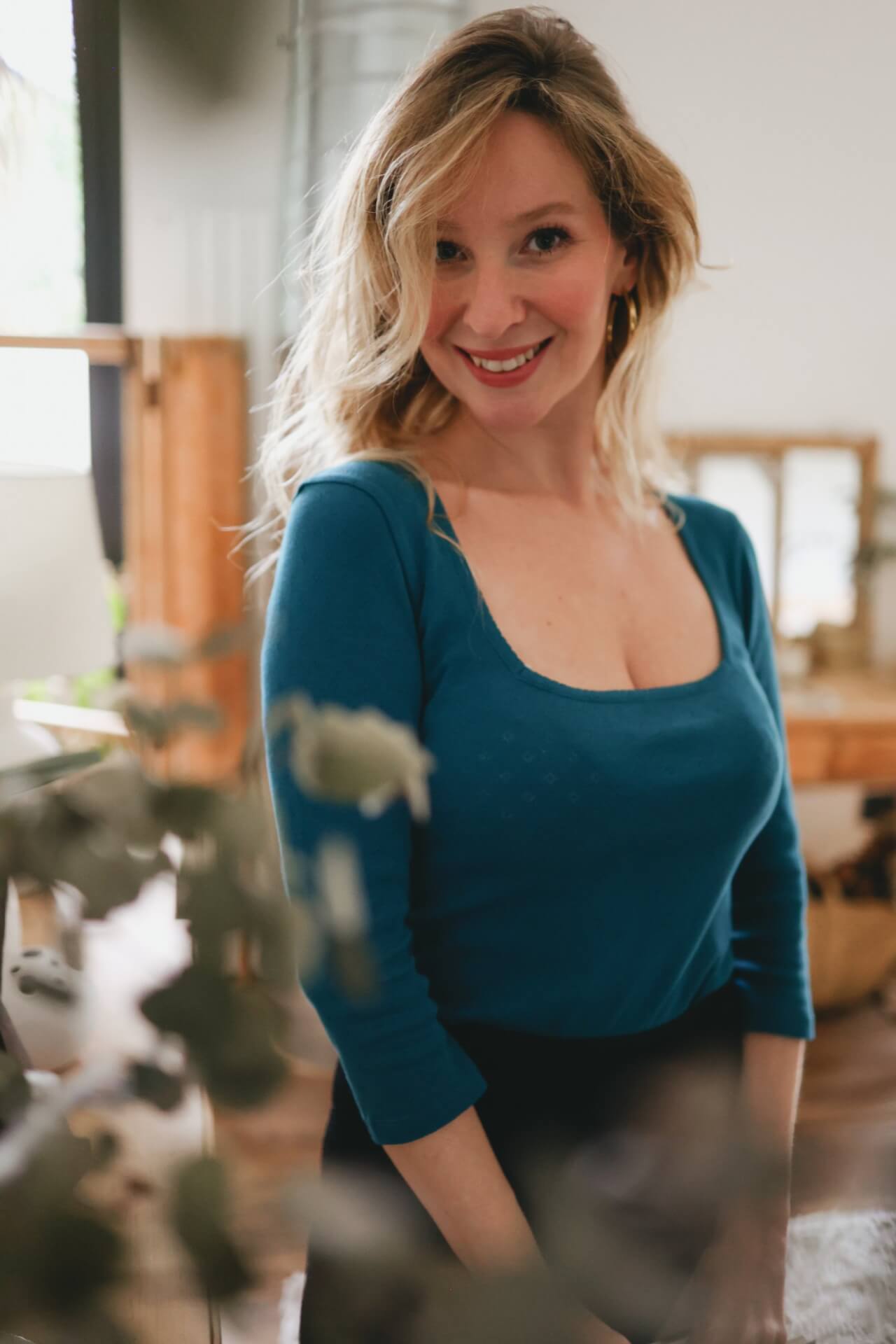 T-shirt col carré manches 3/4 en maille pointelle bleu canard